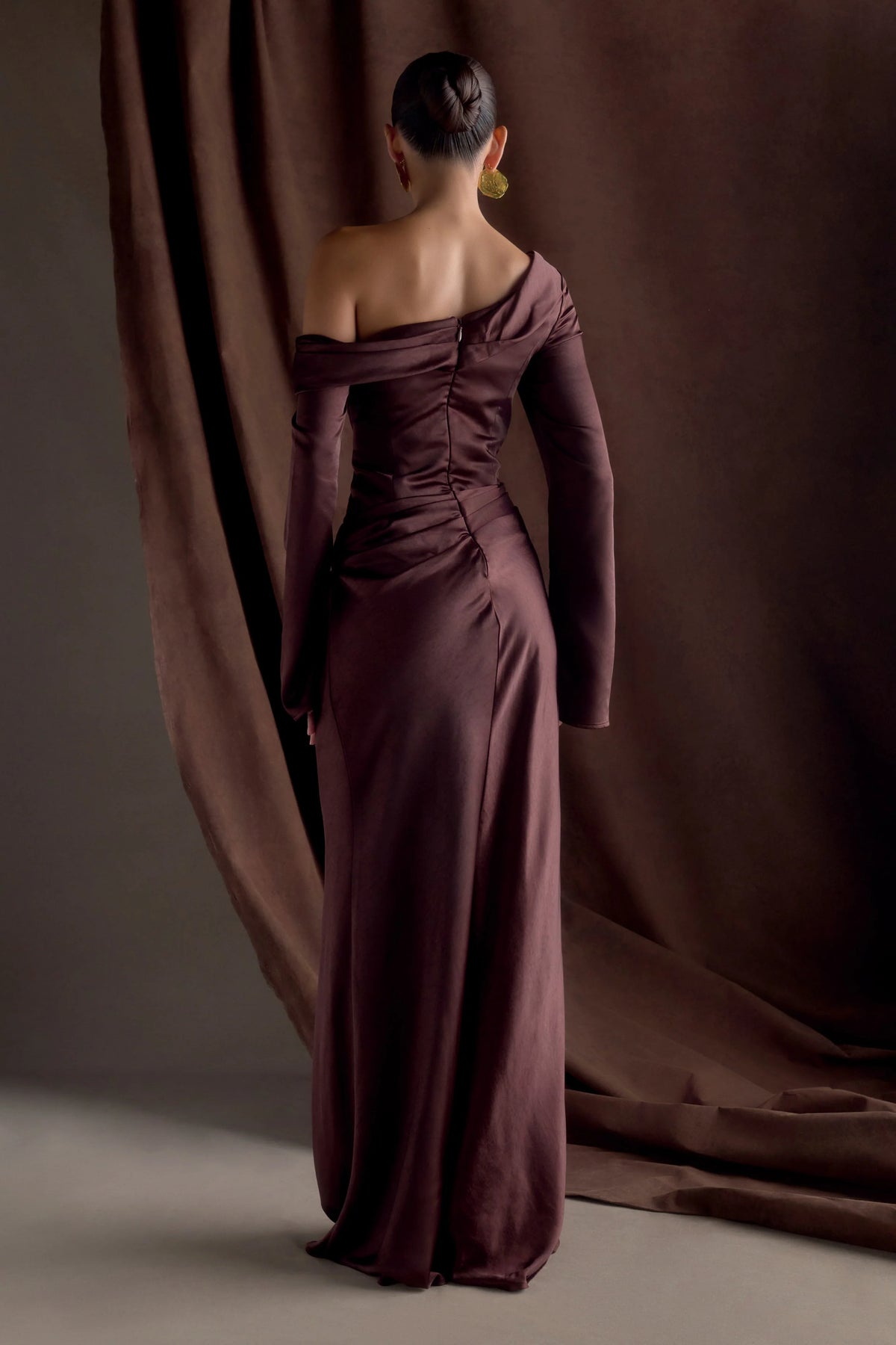 Iris Long Sleeve Satin Maxi Dress Dark Chocolate