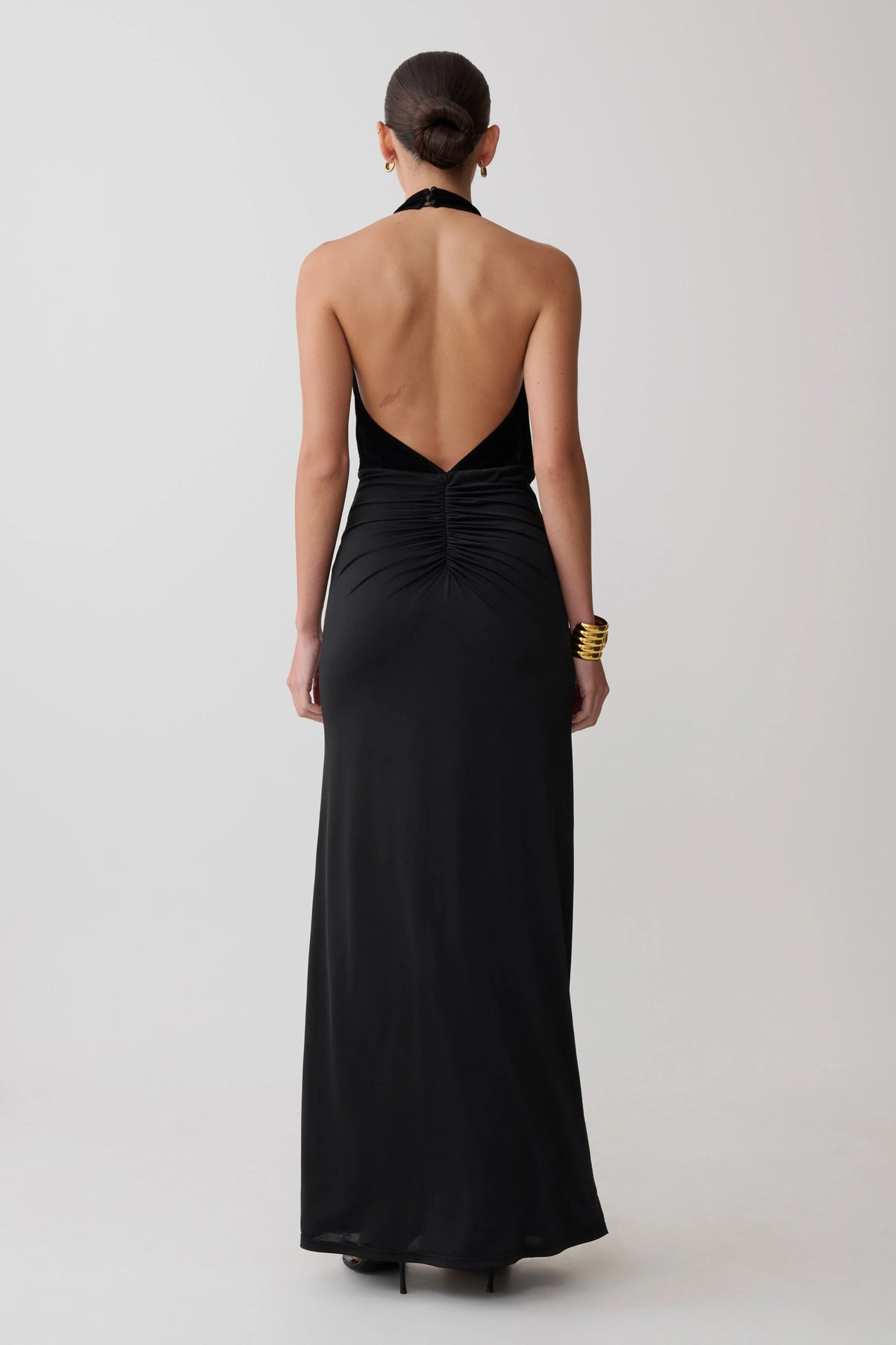 Lien Mesh Velvet Plunge Midi Dress Black