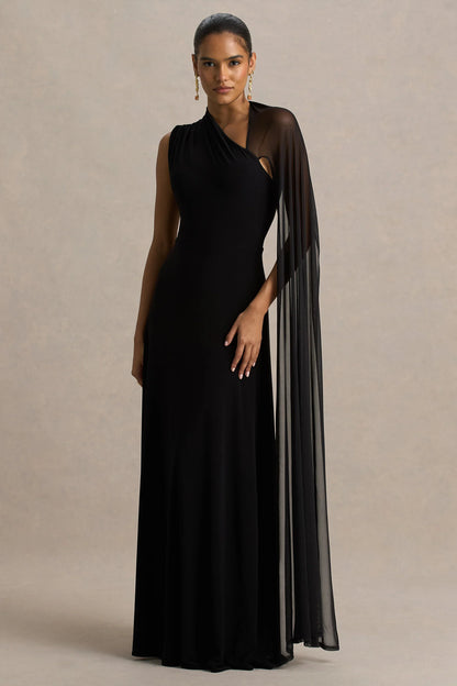 Selena Black High Neck Maxi Dress With Cut Out And Cape Sleeve Detail