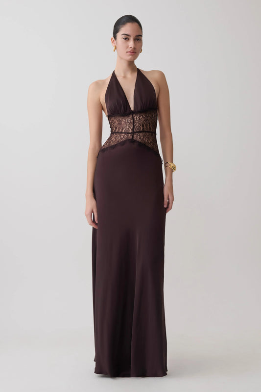 Dinah Lace And Satin Maxi Dress Chocolate