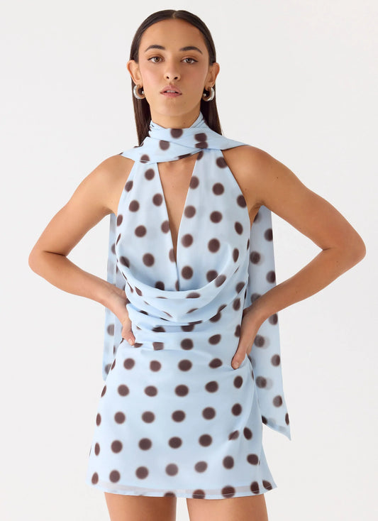 Get Me Halter Mini Dress Blue Mocha Dot