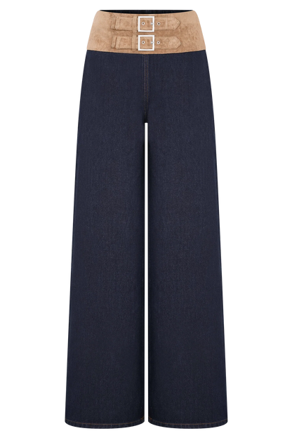 Miranda Faux Suede Belted Denim Wide Leg Jeans Indigo Blue