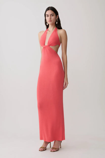 Theresea Halter Knit Maxi Dress Coral