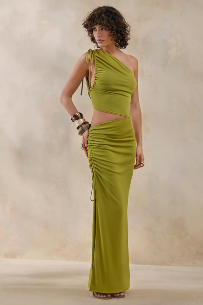 Margie Green Maxi Skirt With Ruched Detail And Front High Split
