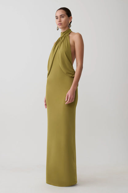 Joan Halter Neck Slinky Maxi Dress Martini Olive