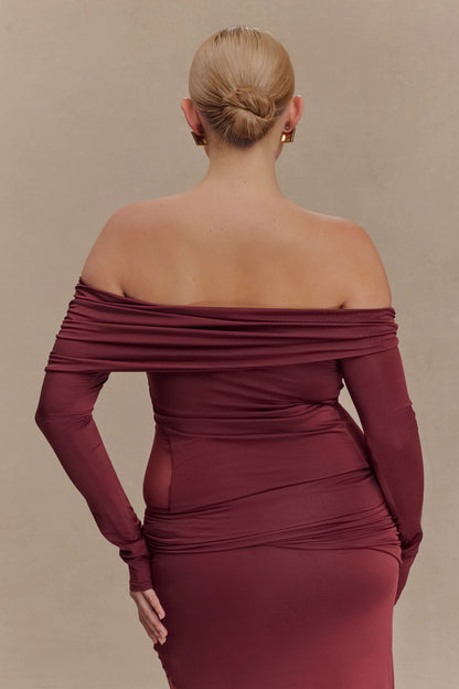 Judy Slinky And Mesh Off Shoulder Top Wine