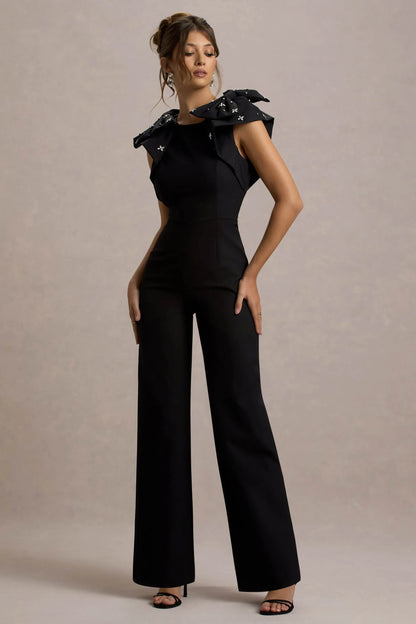 Elma Black Straight Leg Jumpsuit With Embellished Bows