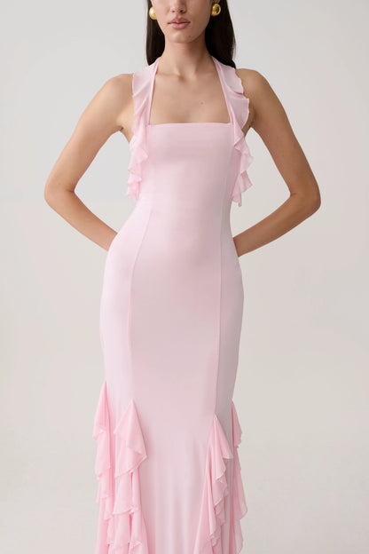 Etta Ruffle Slinky Maxi Dress Pale Pink