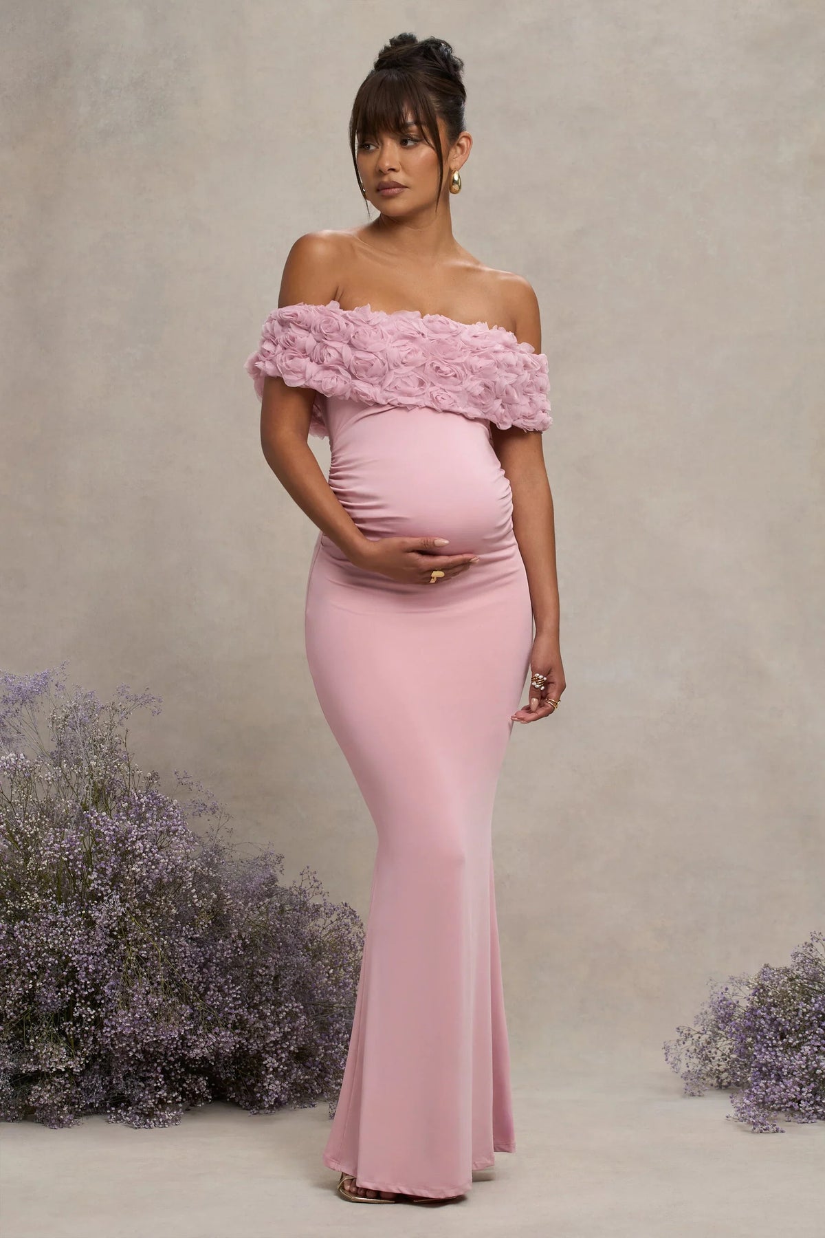 Inflorescence Blush Pink Mesh Floral Bardot Maternity Maxi Dress