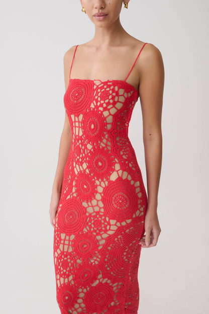 Delta Crochet Halter Midi Dress Red