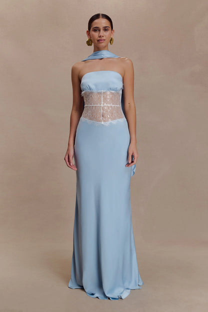 Pilar Strapless Satin And Lace Maxi Dress Cornflower Blue