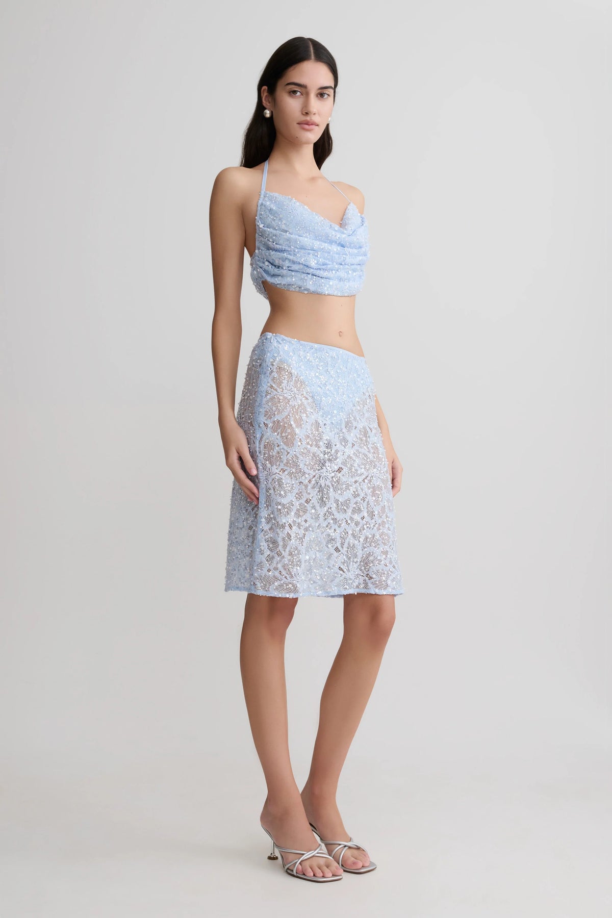 Kiara Pearl Beaded Cowl Crop Top Powder Blue