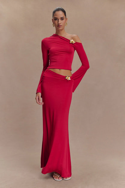 Ainsley Asymmetrical Maxi Skirt With Floral Hardware Fuchsia Pink