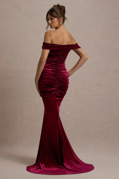 Apolline Berry Velvet Off The Shoulder Ruched Fishtail Maxi Dress