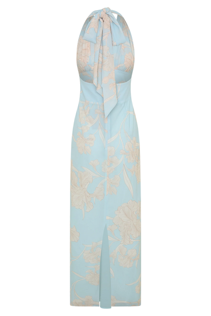Nadine Halter Scarf Chiffon Maxi Dress Blue Floral Print