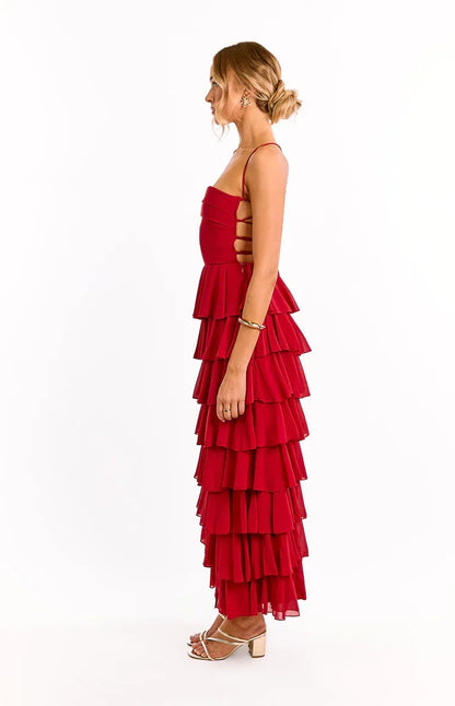 Kim Red Strapless Ruffle Maxi Dress