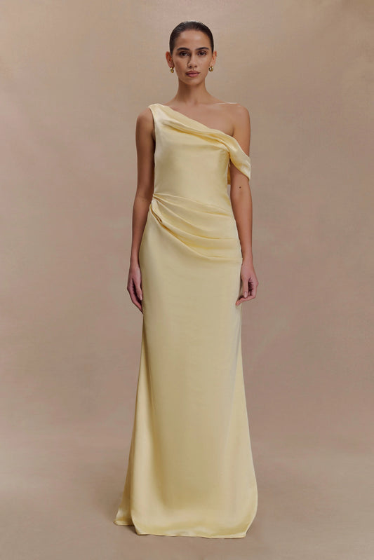 Dalia Off Shoulder Satin Maxi Dress Lemon