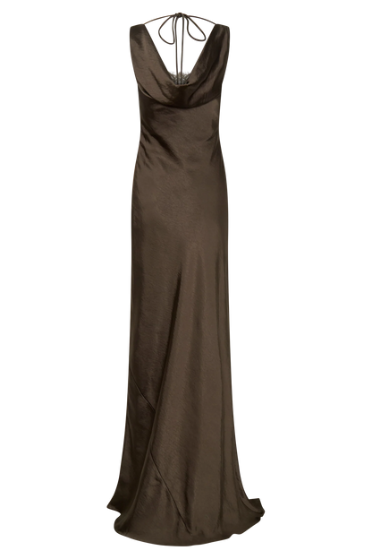 Ashley Cowl Neck Lace And Satin Maxi Dress Mocha