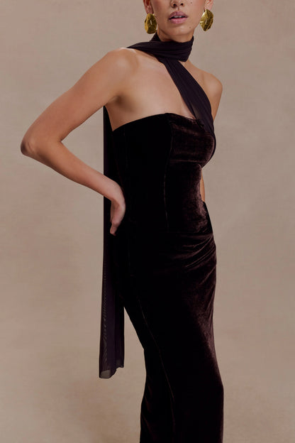 Mattea Velvet Midi Dress With Scarf Chocolate