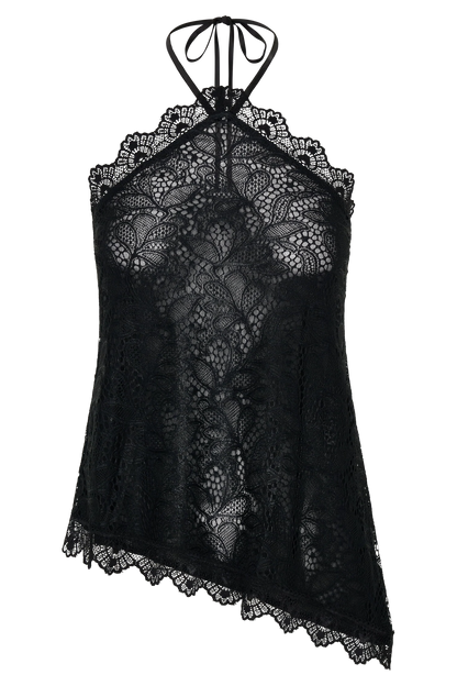 Theodosia Asymmetric Lace Halter Top Black