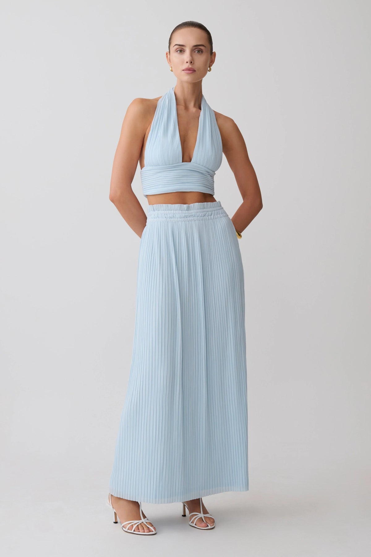 Amaris Sleeveless Plisse Halter Top Pale Blue