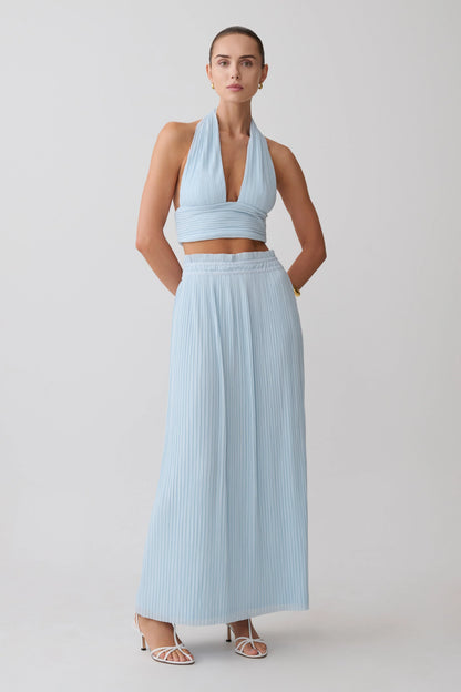 Amaris Sleeveless Plisse Halter Top Pale Blue