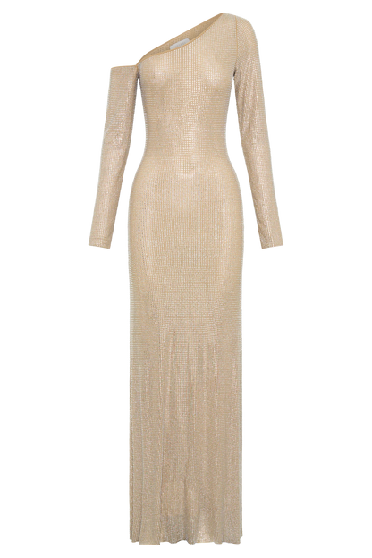 Marcia Diamante Long Sleeve Maxi Dress Nude