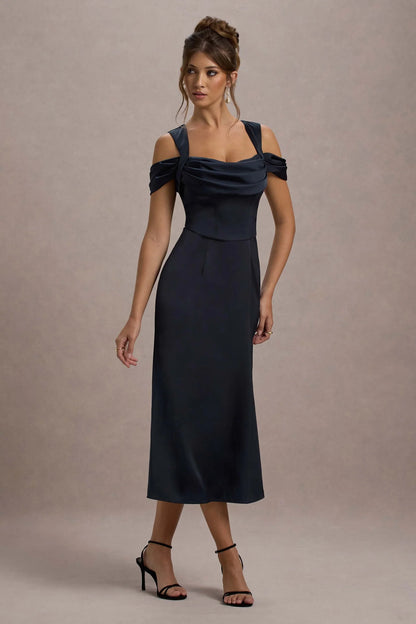 Sawyer Navy Satin Draped Midi Dress
