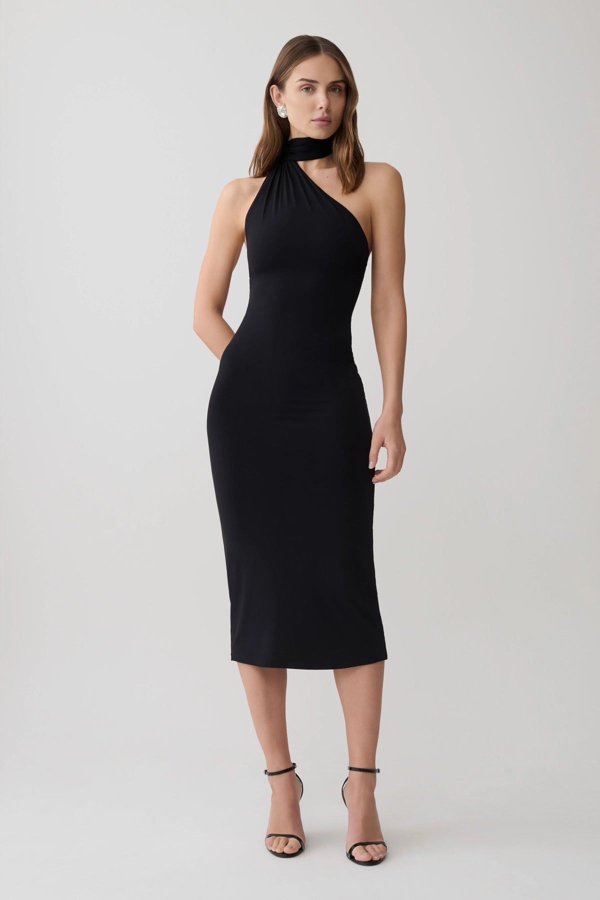 Jemma One Shoulder Tie Midi Dress Black