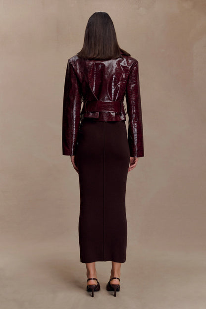 Archie Croc Faux Leather Cropped Jacket Burgundy