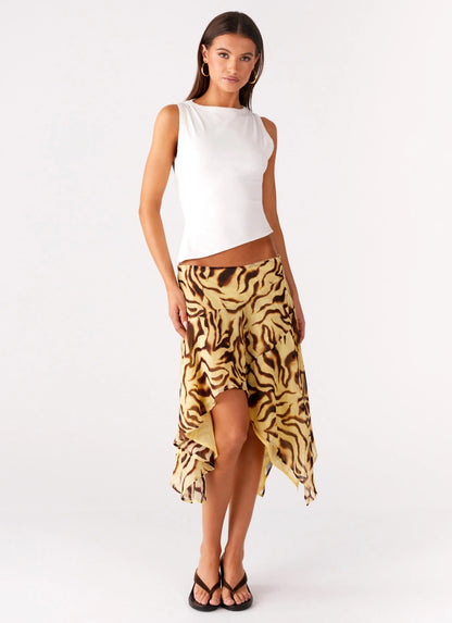 Kia Low Rise Asymmetrical Midi Skirt Laguna Print