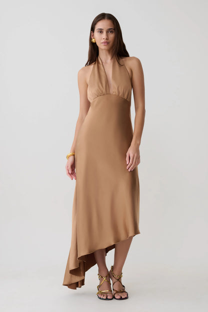 Adelie Asymmetric Hem Halter Midi Dress Cognac