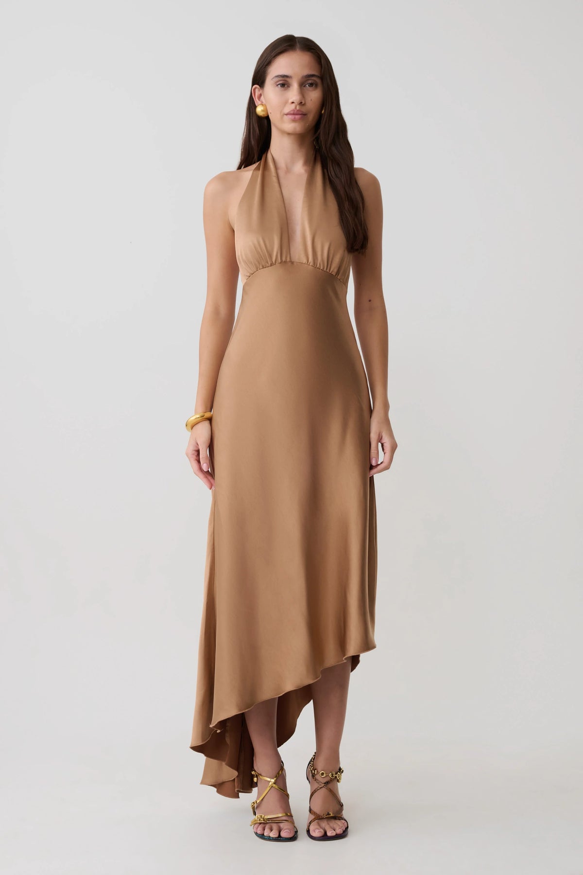 Adelie Asymmetric Hem Halter Midi Dress Cognac