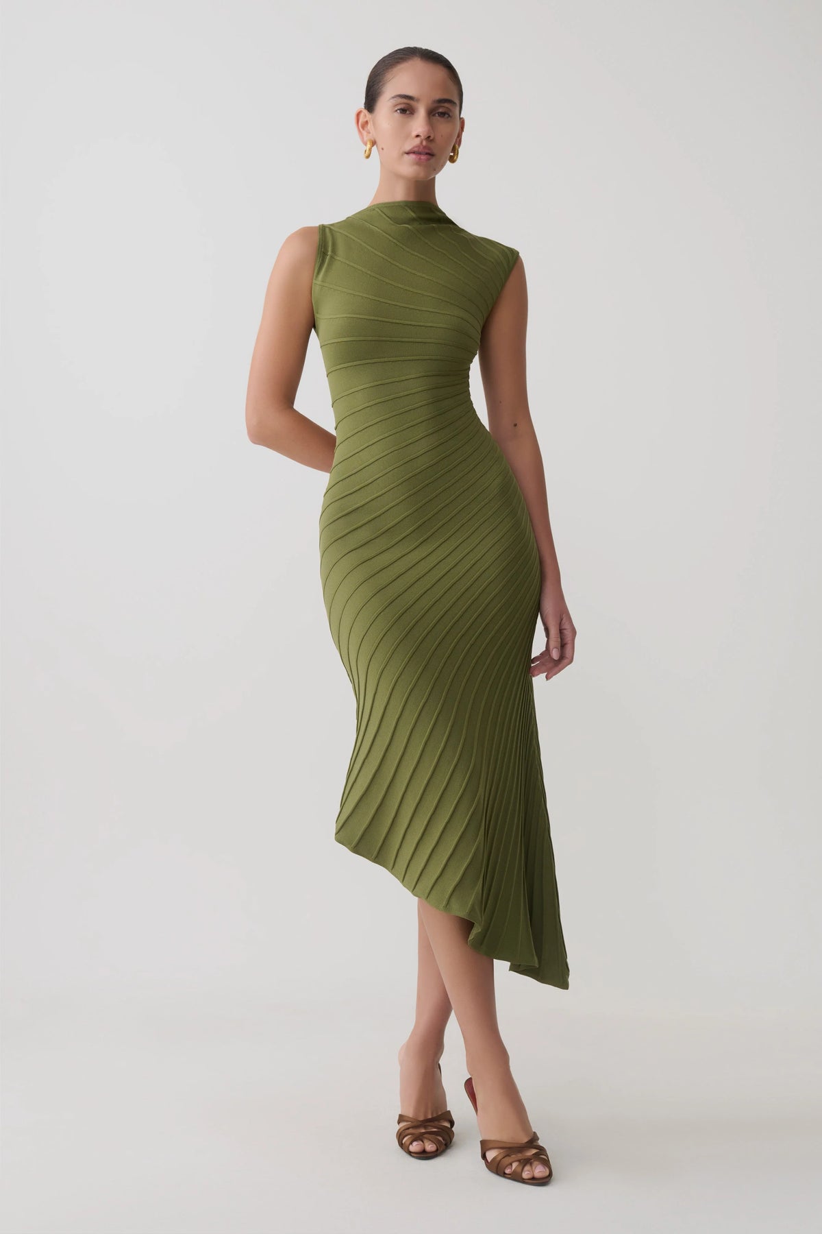 Milasandra Pleated Knit Dress Olive