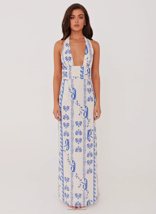Sky Linen Maxi Dress Floral Wave