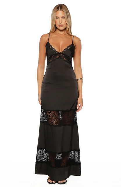 Freyja Black Lace Insert Satin Maxi Dress