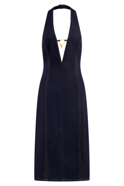Shauna Denim Halter Midi Dress Indigo Blue