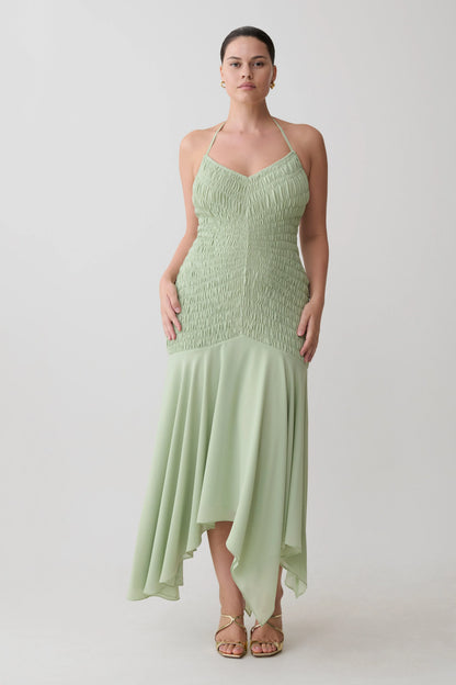 Evelyn Shirred Chiffon Maxi Dress Sage