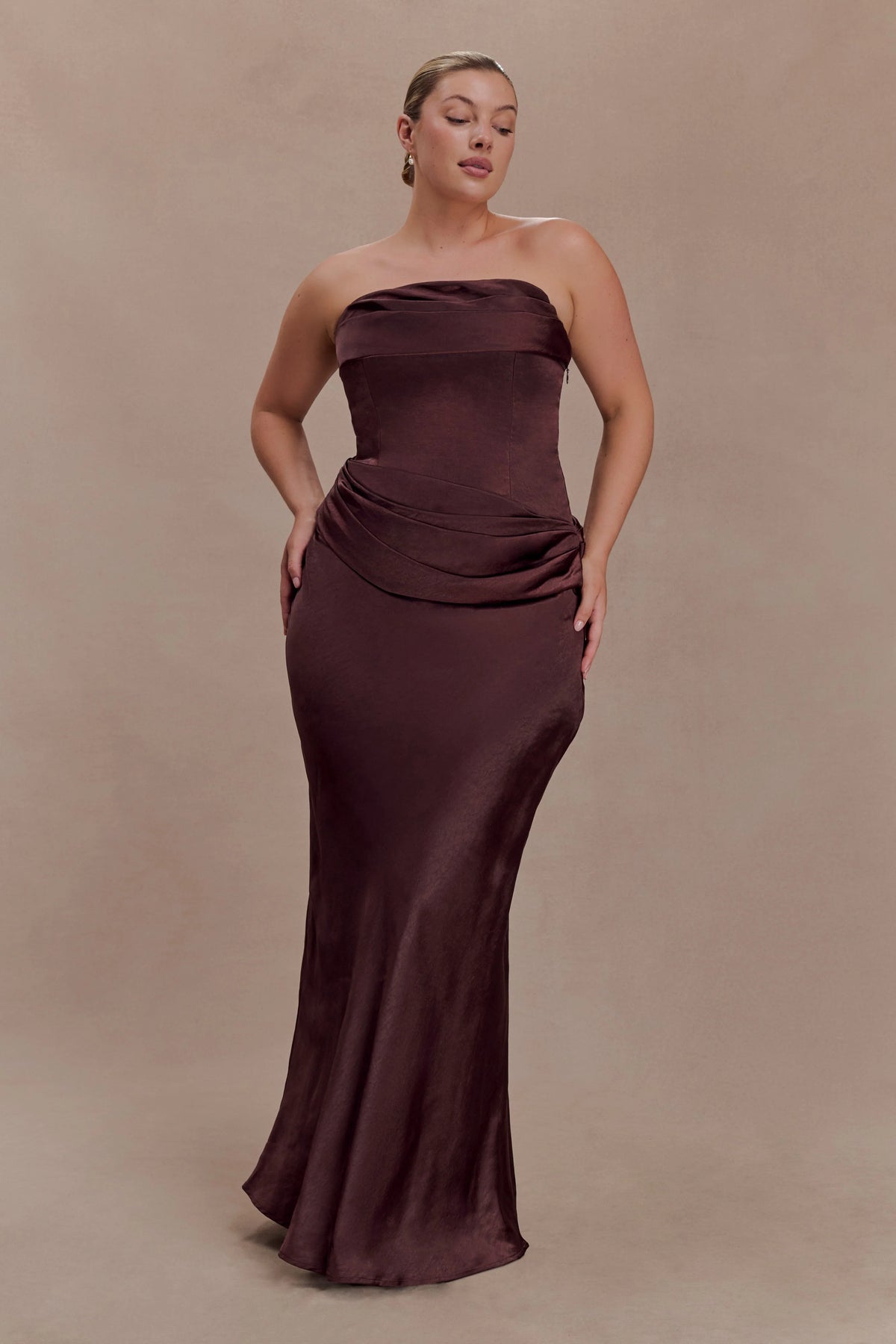 Jasmine Strapless Satin Maxi Dress Dark Chocolate