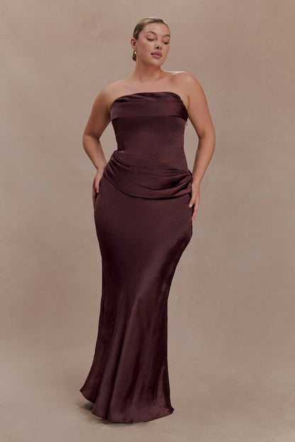 Jasmine Strapless Satin Maxi Dress Dark Chocolate