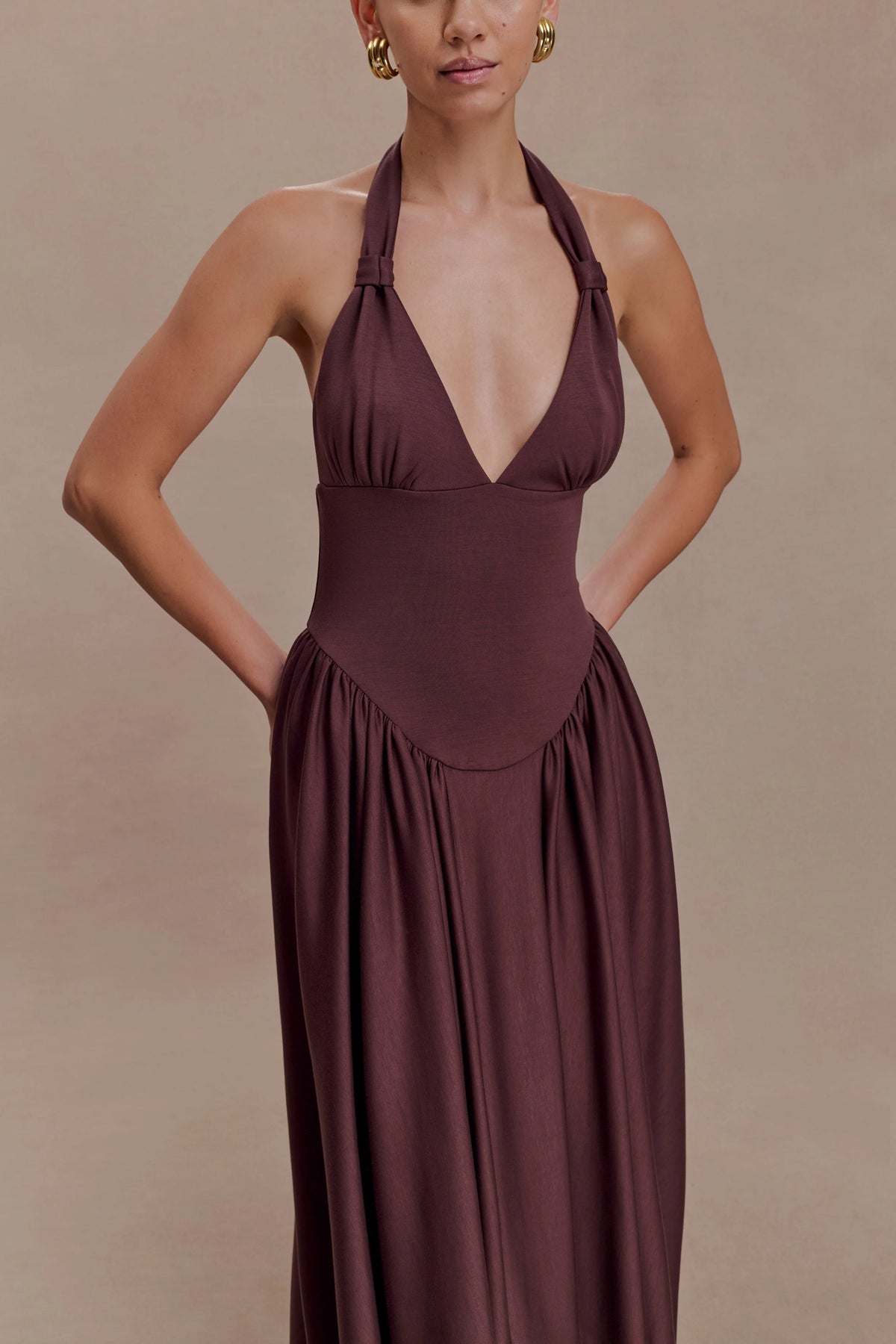 Angelina Scuba Halter Midi Dress Chocolate