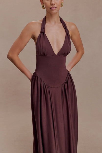 Angelina Scuba Halter Midi Dress Chocolate