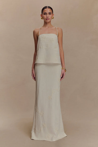 Casey Linen Embroidered Maxi Skirt Natural