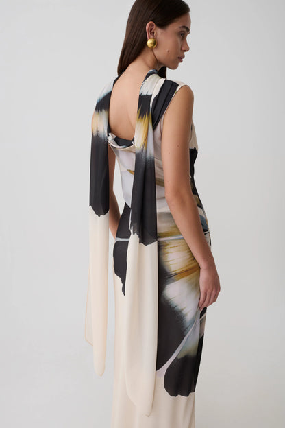 Dakota Chiffon Maxi Dress With Scarf Ivory Oversized Floral Print