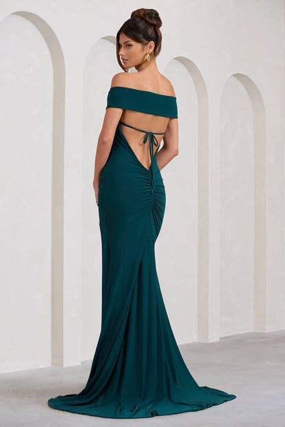 Harmony Bottle Green Ruched Bardot Split Fishtail Maxi Dress