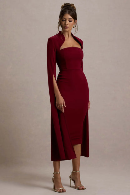 Linden Berry Bodycon Cape Sleeve Midi Dress