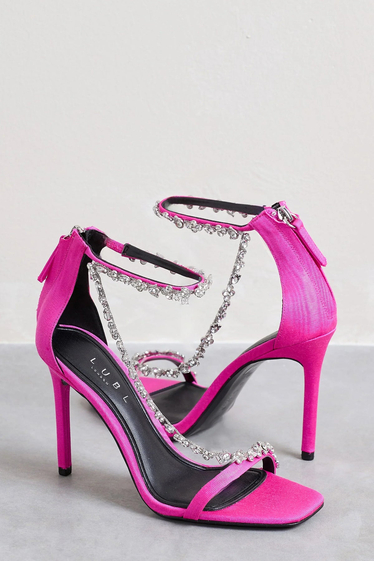 Oh Please Pink Strappy Heeled Sandals With Diamante Chains