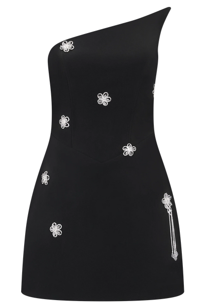 Liva Strapless Diamante Floral Trim Mini Dress Black