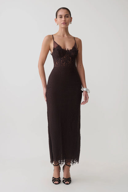 Ottilie Lace And Mesh Midi Dress Dark Chocolate