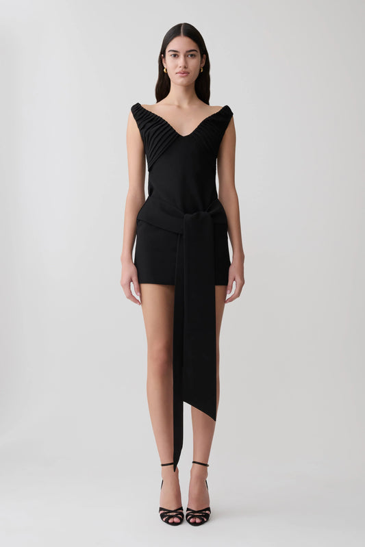 Runa Off Shoulder Mini Dress With Waist Tie Black